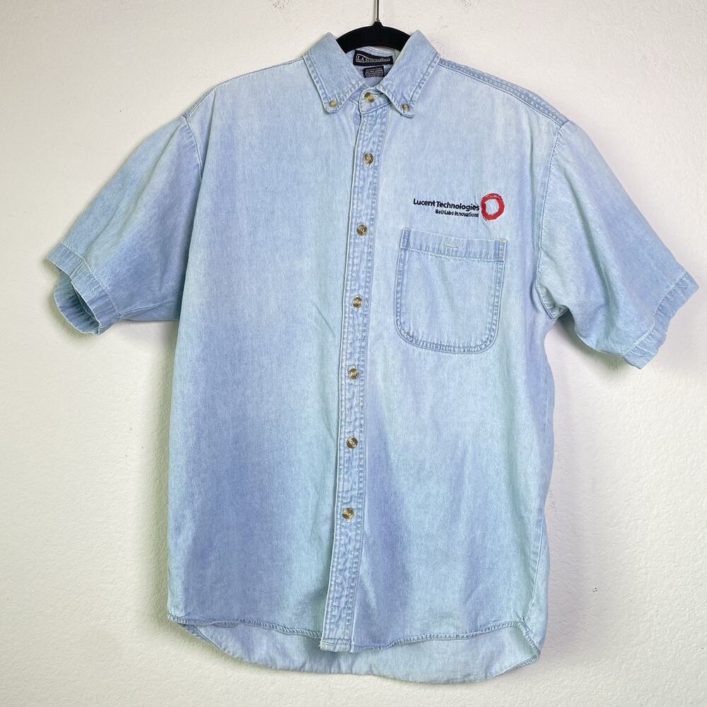 Vintage La Loving Denim Chambray Button Up Mens‎ Size M Lucent Tech Embroidered